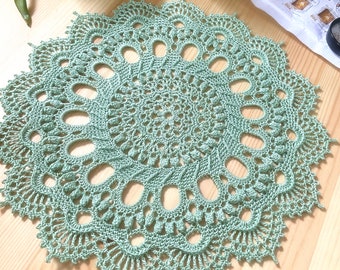 Green crochet doily handmade Textured crochet doily Cotton lace crochet doily Round green doily Sage green table decor