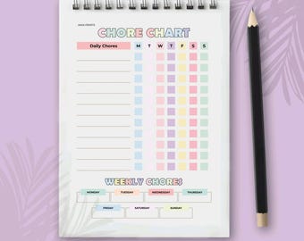 May include: A spiral-bound chore chart with the text "CHORE CHART" in pastel colors. The chart includes sections for daily and weekly chores, with checkboxes for each day of the week. A black pencil rests beside the chart.