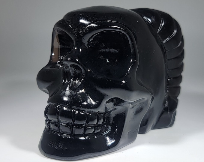 Obsidian Skull with Horns Carving Demon