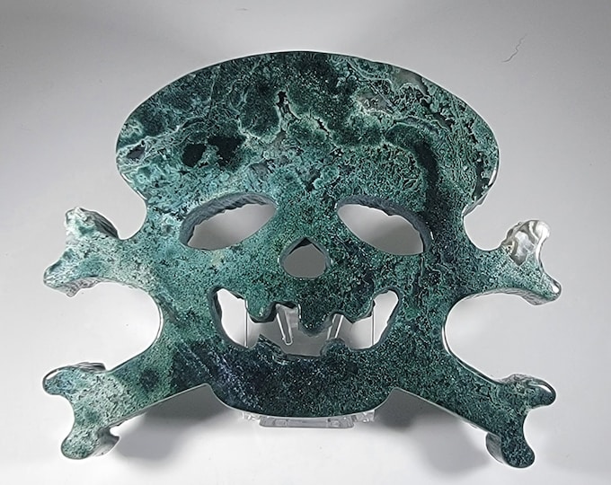 Moss Agate Skull and Crossbones Carving
