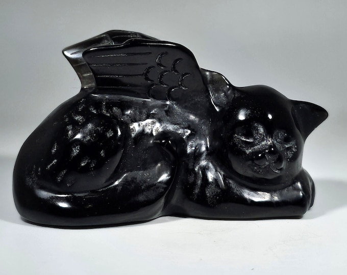 Obsidian Sleeping Angel Cat With Wings