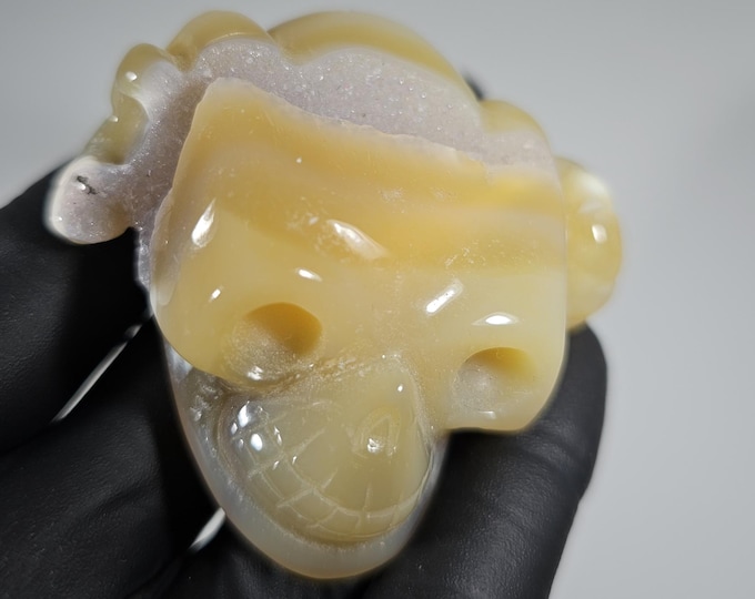 Druzy Agate Skull Carving Demon Ram Horn