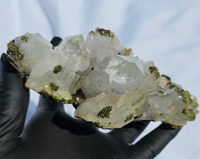Epidote on Clear Quartz Cluster Specimen