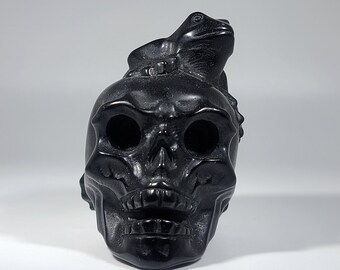 Obsidian Skull with Frog Carving