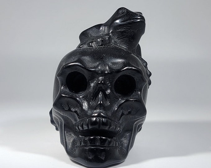 Obsidian Skull with Frog Carving