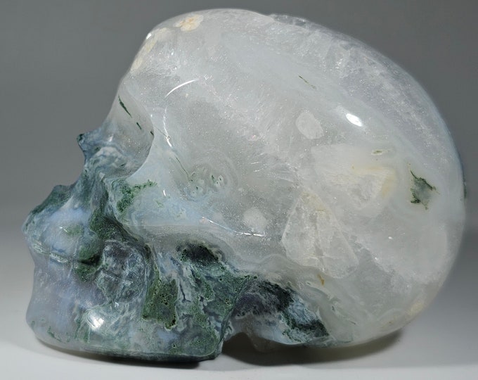 Druzy Moss Agate Skull