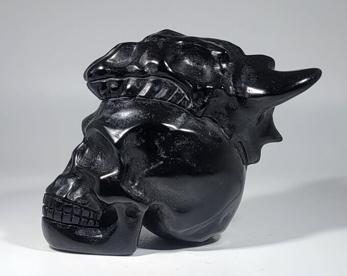 Obsidian Skull with Bull Skull Carving