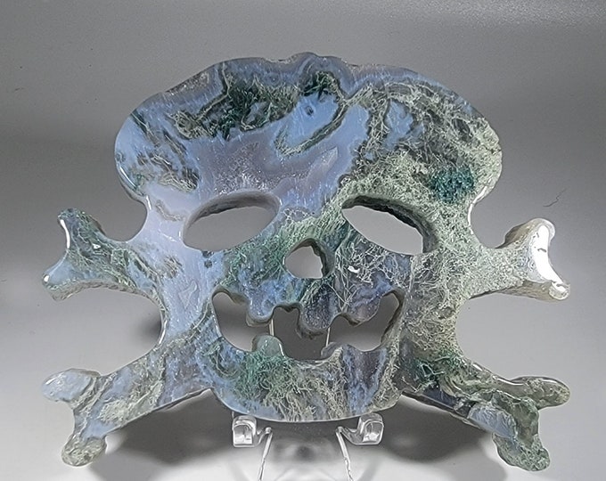 Moss Agate Skull and Crossbones Carving