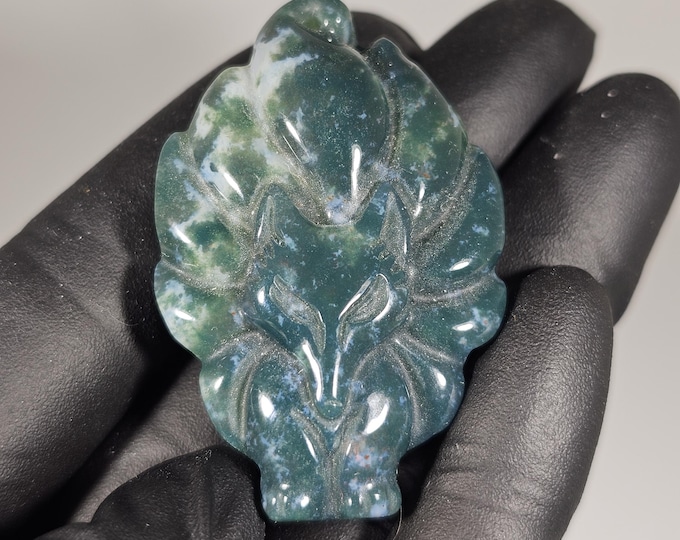 Moss Agate Nine Tail Fox Carving Pendant