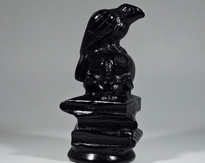 Obsidian Crow and Skulls Carving 3.1" Tall