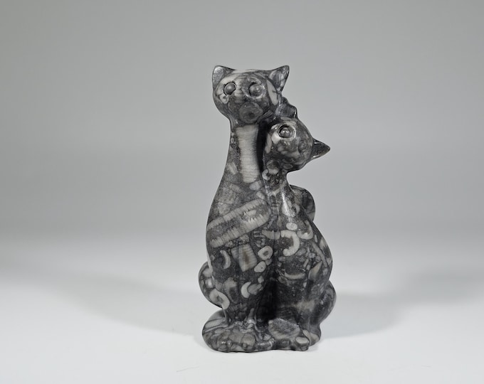 Fossilized Crinoid Love Cats Carving