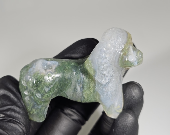Moss Agate Dog Carving