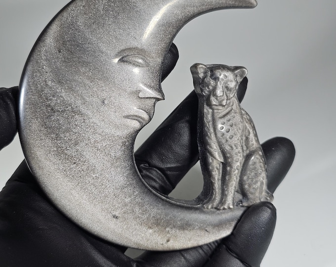 Silver Obsidian Cheetah on Moon Carving