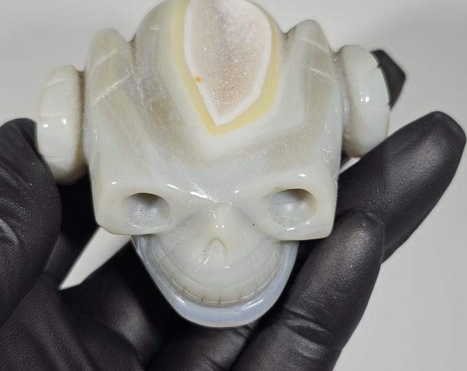Druzy Agate Skull Carving Demon Ram Horn
