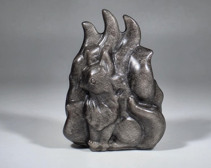Silver Obsidian 9 Tail Fox Carving