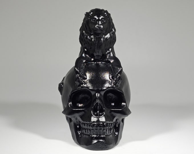 Obsidian Skull with Lion Carving