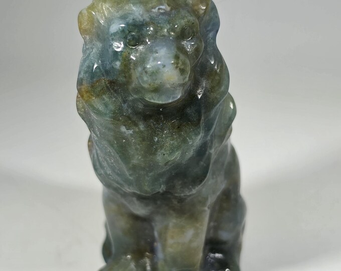 Moss Agate Lion Carving