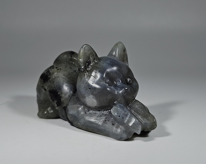 Flashy Labradorite Cat with Butterfly Carving