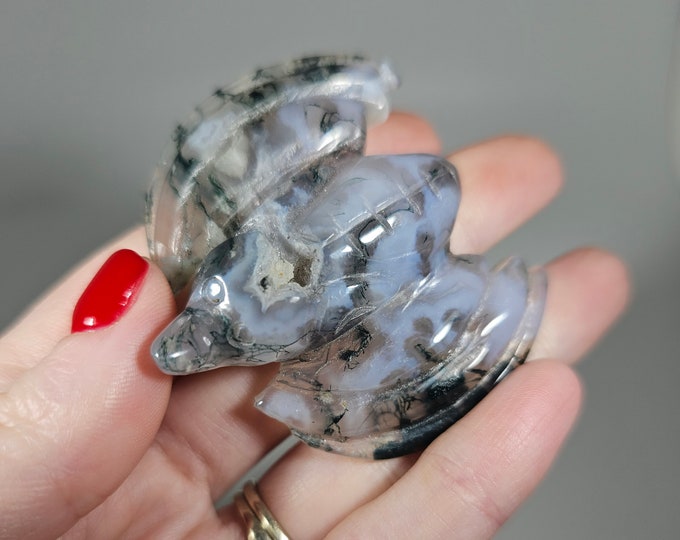 Druzy Moss Agate Bat Carving