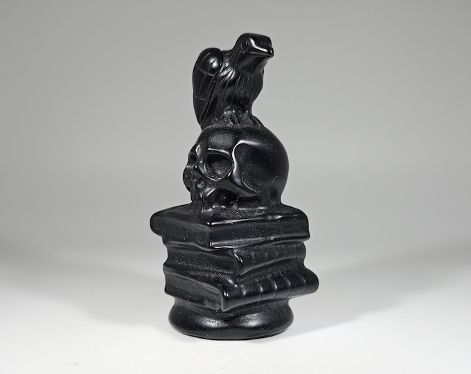 Obsidian Crow and Skulls Carving 3.1" Tall
