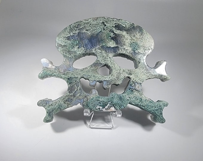 Moss Agate Skull and Crossbones Carving