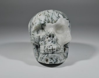 May include: A carved skull figurine in white and gray. The skull has detailed features, including eye sockets, a nose cavity, and teeth. The surface has a speckled pattern of gray and black, giving it a unique appearance.