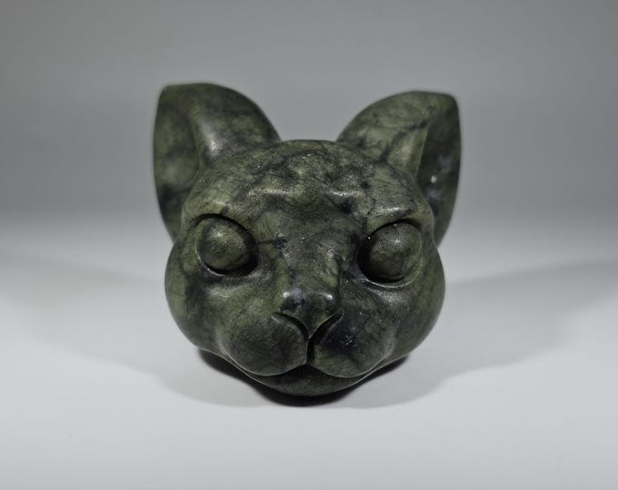 Green Jade Cat Head Carving 3rd Eye
