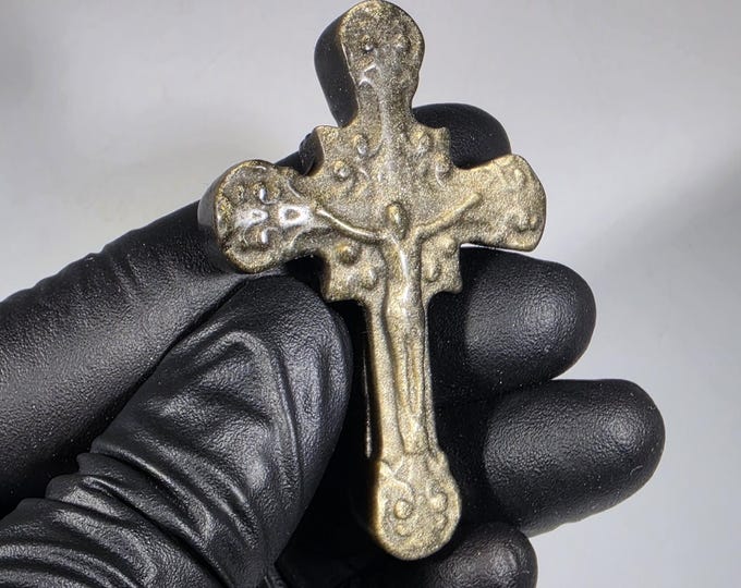 Golden Obsidian Cross Carving