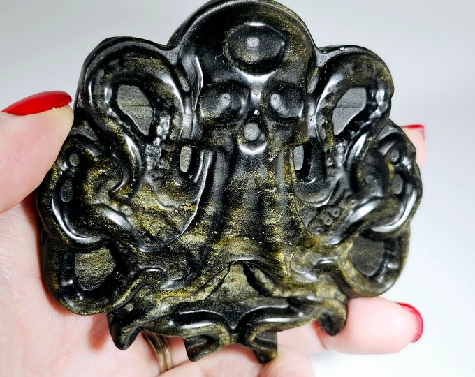 Golden Obsidian Octopus Skull Carving