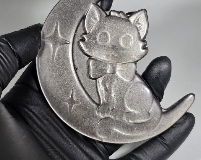 Silver Obsidian Cat on Moon Carving