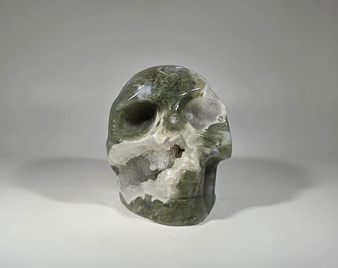 Druzy Moss Agate Skull Carving