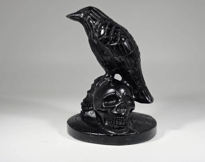 Obsidian Crow and Skulls Carving 3" Tall *Imperfect