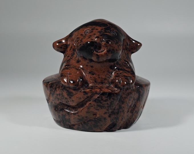 Mahogany Obsidian Dog in a Cup Carving