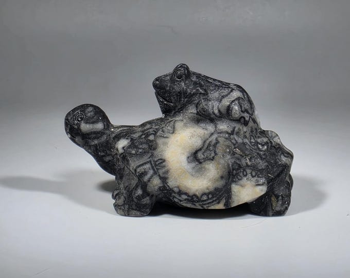 Crinoid Fossil Turtle with Frog Carving