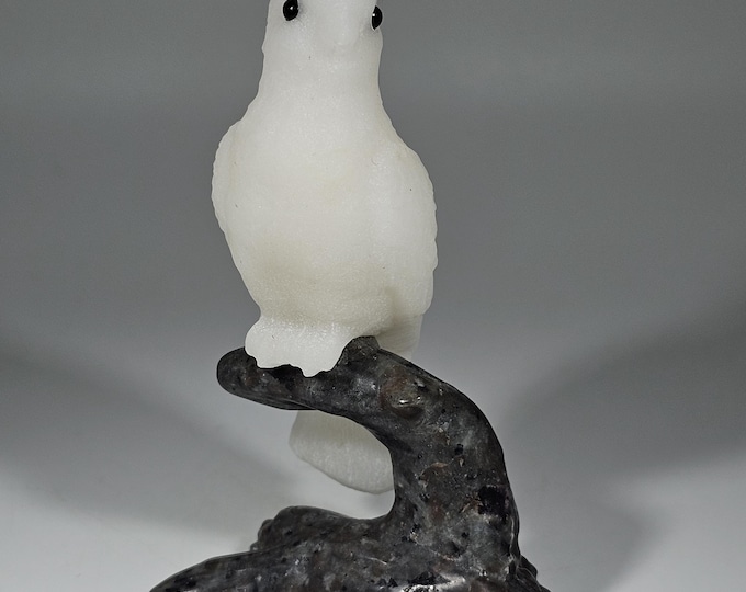 White Jade Bird on Yooperlite Tree Carving