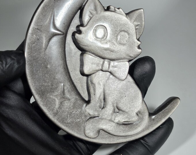 Silver Obsidian Cat on Moon Carving