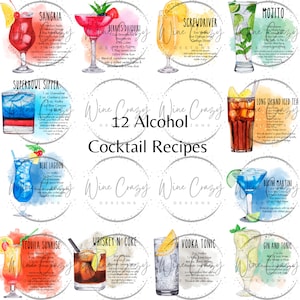 12 Ricetta cocktail estivo / Acquerello / Bevanda / Cocktail / Estate / Ricetta bevanda / Pittogramma / Pacchetto alcolico /