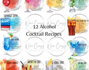 12 Summer Cocktail Drink Recipe | Watercolor | Drink | Cocktails | Summer | Drink Recipe | Pictograph | Alcohol Bundle |