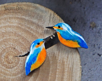 Vogelohrringe aus Holz - Eisvogel, handbemalte Holzohrstecker, Eisvogel, Blauvogel, Geschenk für Ornithologen