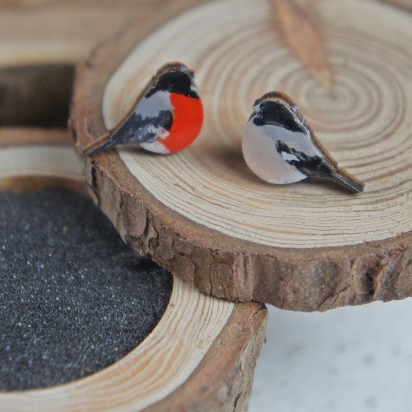 Boucles d'oreilles en bouleau peintes à la main, bouvreuil dans une boîte en bois naturel, clous en bois recyclé