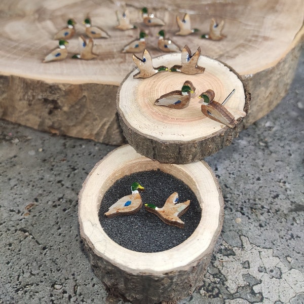 Ręcznie malowane kolczyki z drewna przedstawiające kaczki krzyżówki, kolczyki inspirowane naturą, minimalistyczne sztyfty, zabawne kolczyki