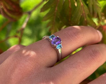 Amethyst & Blue Topaz Ring, Solid Sterling Silver, February Birthstone