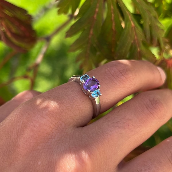 Natural Amethyst & Blue Topaz 3 Stone Ring in Solid 925 Sterling Silver 1.3tcw Natural Stone Oval Ring February Birthstone Mothers Day gift