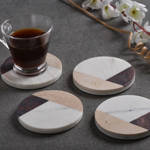 Handcrafted Set of 4 White Marble Coasters inlay with Italian and Indian Marble fusion Tea Coasters Home Décor image 4