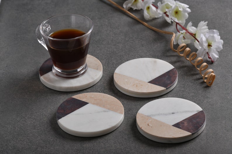 Handcrafted Set of 4 White Marble Coasters inlay with Italian and Indian Marble fusion Tea Coasters Home Décor image 4