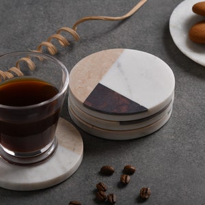 Handcrafted Set of 4 White Marble Coasters inlay with Italian and Indian Marble fusion Tea Coasters Home Décor image 2