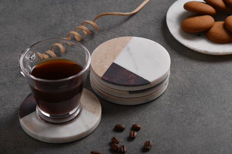 Handcrafted Set of 4 White Marble Coasters inlay with Italian and Indian Marble fusion Tea Coasters Home Décor image 2