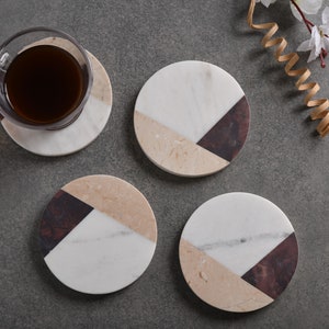 Handcrafted Set of 4 White Marble Coasters inlay with Italian and Indian Marble fusion Tea Coasters Home Décor image 3