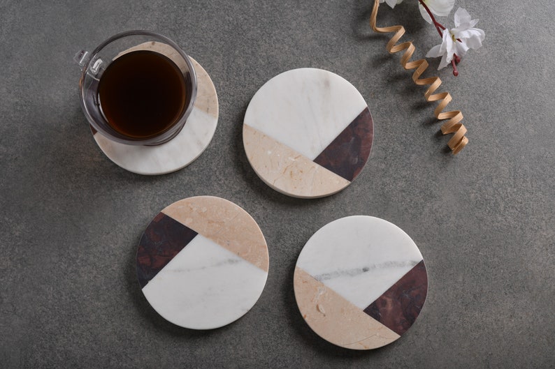 Handcrafted Set of 4 White Marble Coasters inlay with Italian and Indian Marble fusion Tea Coasters Home Décor image 3