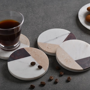 Handcrafted Set of 4 White Marble Coasters inlay with Italian and Indian Marble fusion Tea Coasters Home Décor image 1